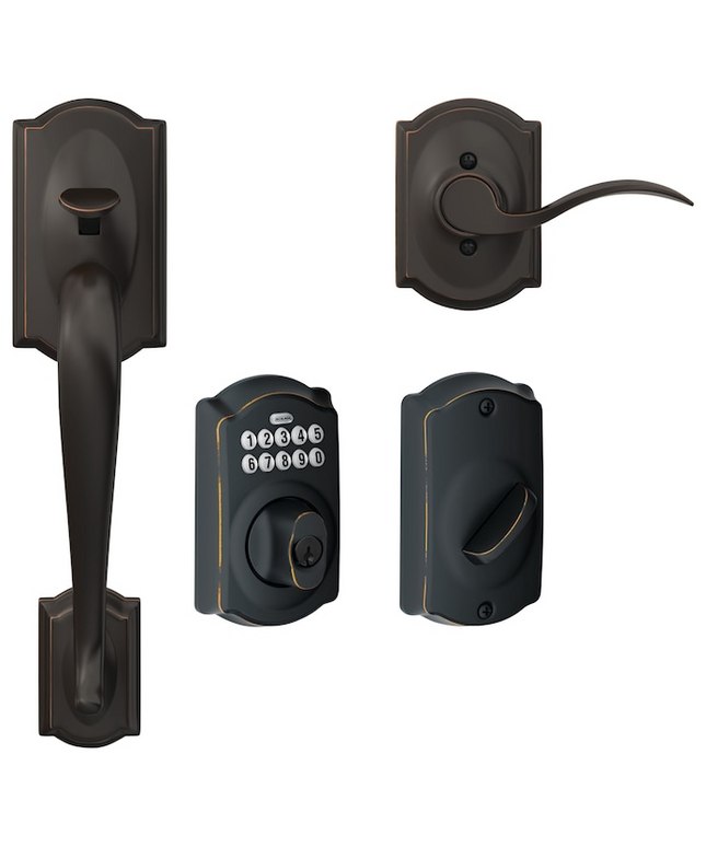 Schlage Camelot Aged Bronze Electronic Keypad Deadbolt and Handleset Bundle