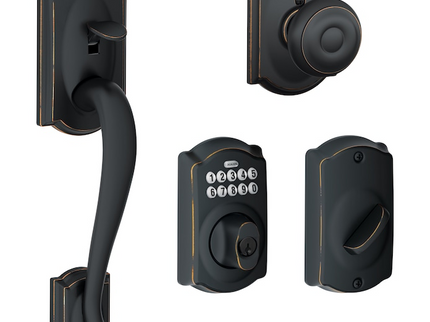 Schlage Camelot Aged Bronze Electronic Keypad Deadbolt and Entry Door Handleset Bundle