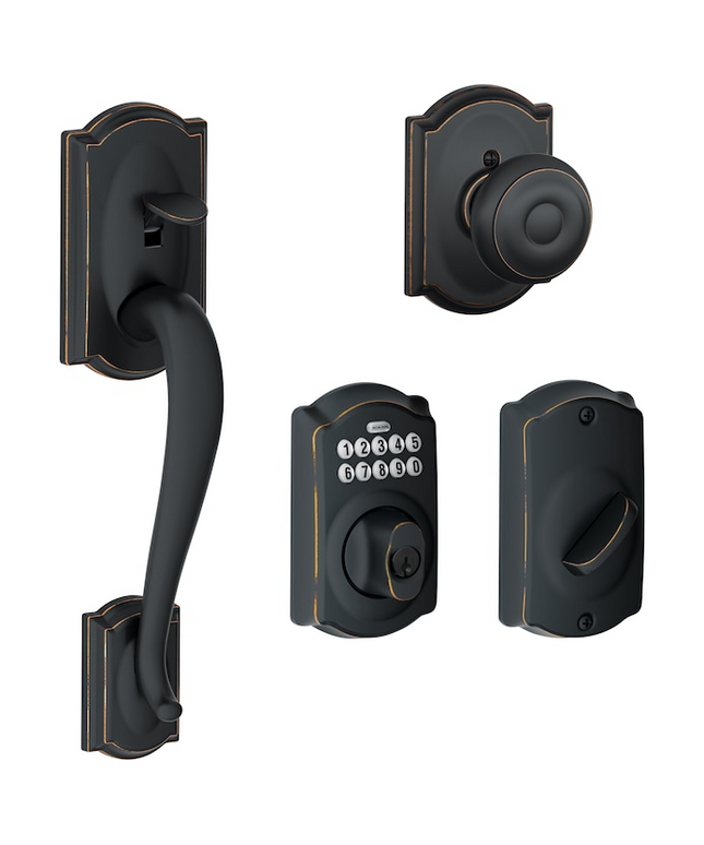Schlage Camelot Aged Bronze Electronic Keypad Deadbolt and Entry Door Handleset Bundle