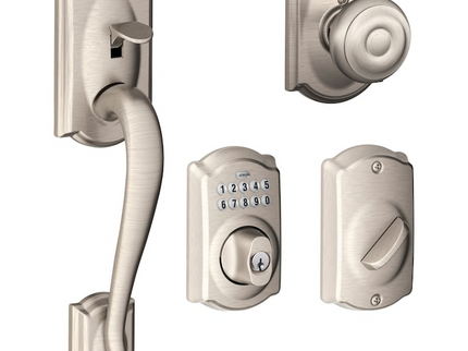 Schlage Camelot Satin Nickel Electronic Keypad Deadbolt and Entry Door Handleset Bundle