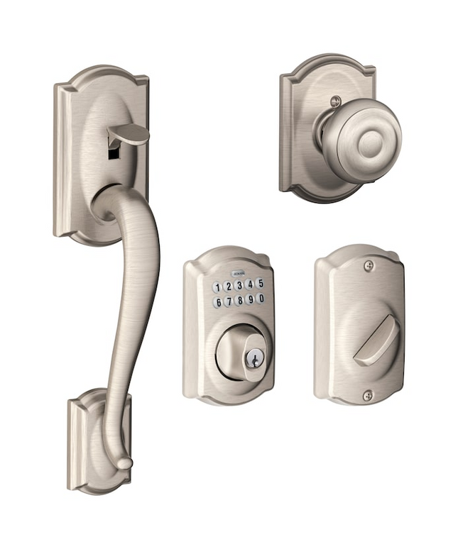 Schlage Camelot Satin Nickel Electronic Keypad Deadbolt and Entry Door Handleset Bundle