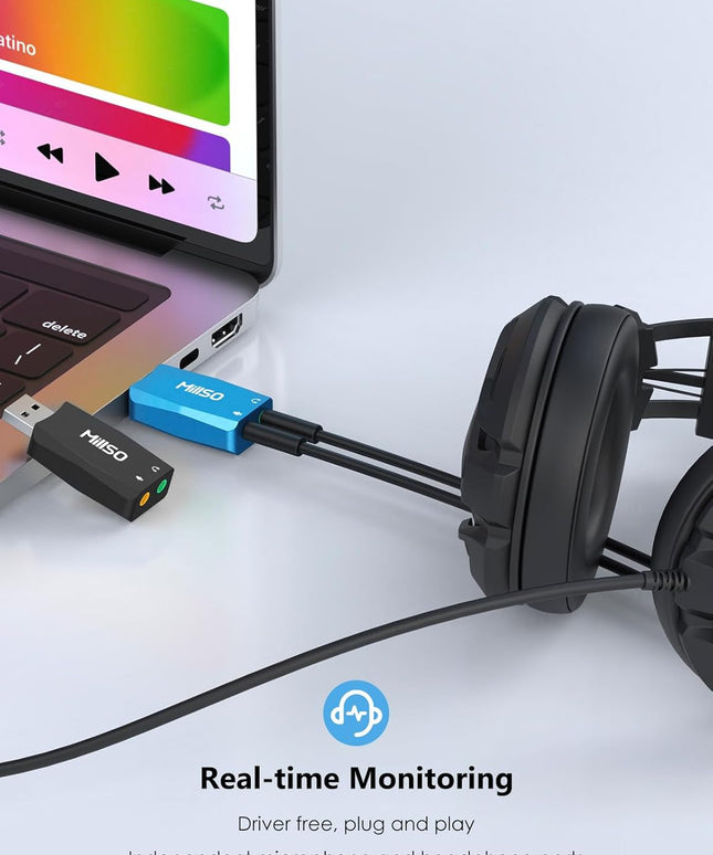 MillSO External USB Sound Card with Internal Recording Function, Portable USB to 3.5mm Audio Jack Adapter for PC, Computer, Recording, Training, Streaming, Podcasting - Blue