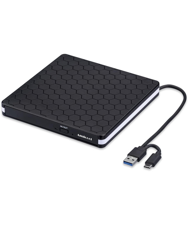 External DVD Drive, Amicool USB 3.0 Type-C CD DVD +/-RW Optical Drive USB C Burner Slim CD/DVD ROM Rewriter Writer Reader Portable for PC Laptop Desktop MacBook Mac Windows 7/8.1/10 Linux OS Apple