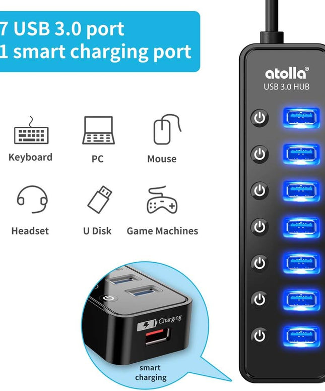 Powered USB Hub 3.0, Atolla 7-Port USB Data Hub