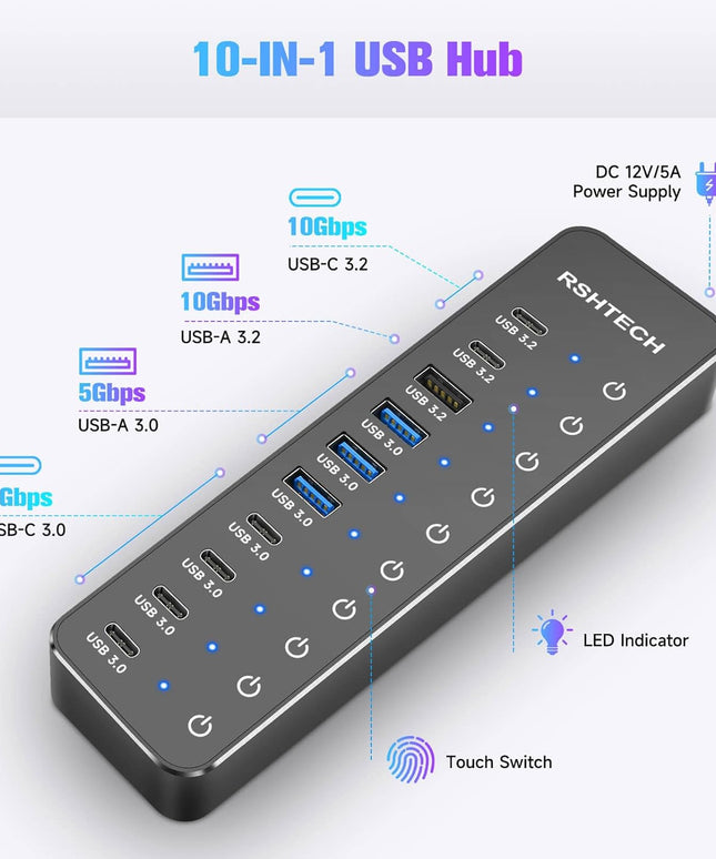 RSHTECH 10 Ports Powered USB 3.2/USB