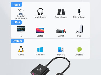 USB to 3.5mm Jack Audio Adapter External Sound Card with 3.5mm Headphone and Microphone TRS Jack to USB Compatible with Windows, Laptops, Desktops Windows, MAC, Linux, PC, PS5, PS4