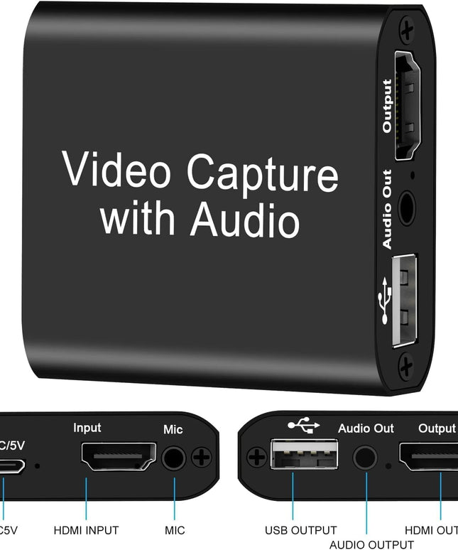 Audio Video Capture Card with Mic and HDMI Loop-Out, 1080p 60fps 4K HDMI Capture Card Video Recorder for Gaming/Live Streaming/Conference, Works for Nintendo Switch/PS5/Camera/Xbox/OBS