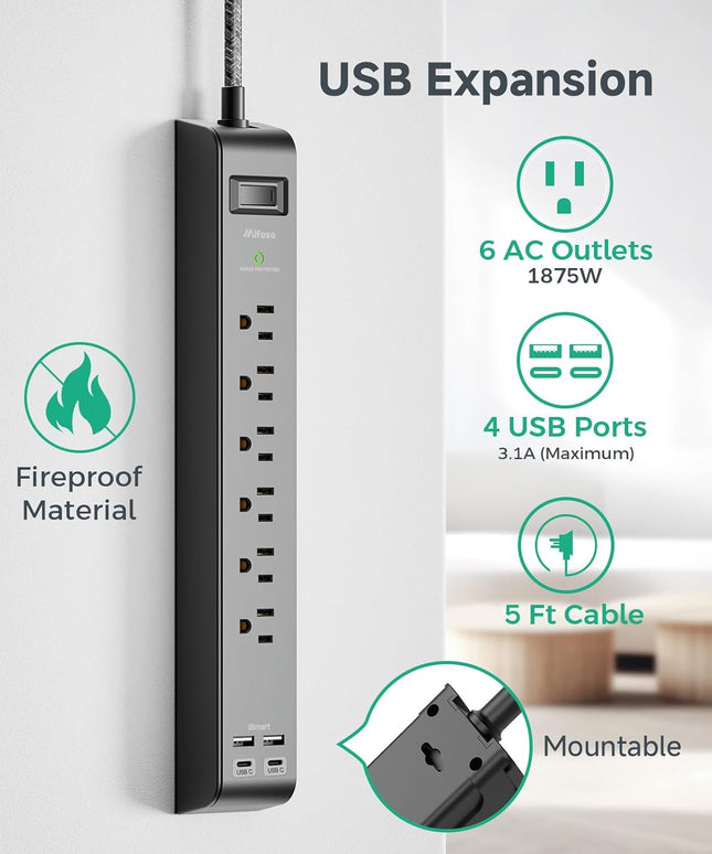 2 Pack Surge Protector Power Strip with 6 Outlets