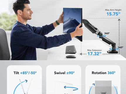 HUANUO Single Monitor Mount – Gas Spring Arm with C-Clamp & Grommet Base, Fits 13–32" Monitors, 4.4–19.8 lbs