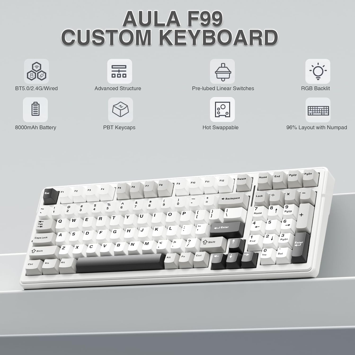 AULA F99 Wireless Mechanical Keyboard – Tri-Mode BT5.0/2.4GHz/USB-C, RGB