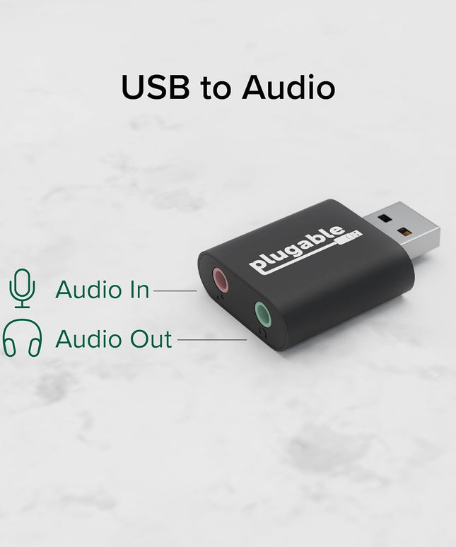Plugable USB Audio Adapter with 3.5mm Speaker-Headphone and Microphone Jack, Add an External Stereo Sound Card to Any PC, Compatible with Windows, Mac, and Linux - Driverless
