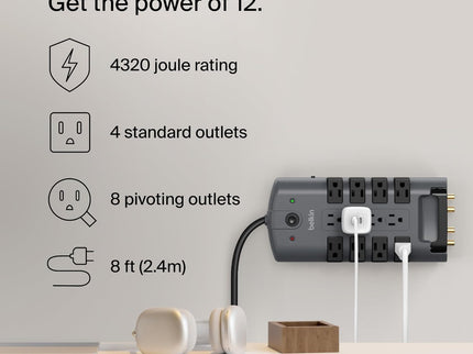 Belkin Surge Protector Power Strip w/ 8 Rotating & 4 Standard Outlets