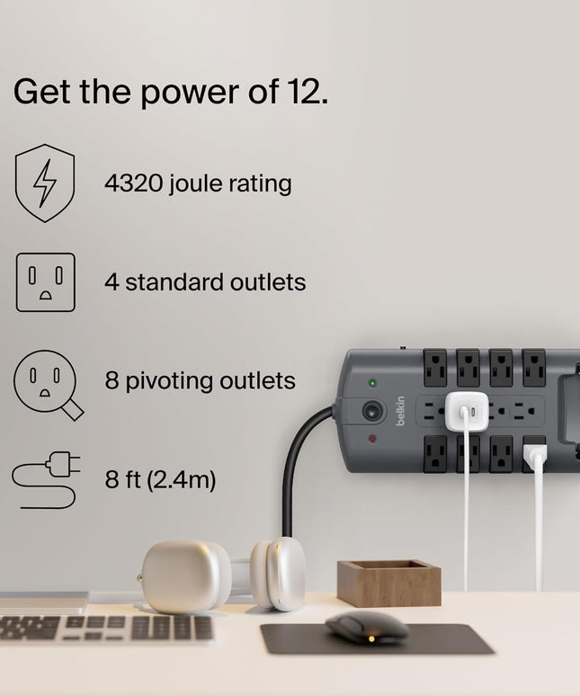 Belkin Surge Protector Power Strip w/ 8 Rotating & 4 Standard Outlets