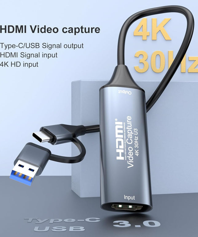 4K 30FPS HDMI Video Capture Card,Video Recording Card HDMI USB 3.0 with Type-C for Gaming Live Streaming TV Recorder, for Windows Android Mac OS System VLC,OBS,Amcap,PS5,Switch,Xbox