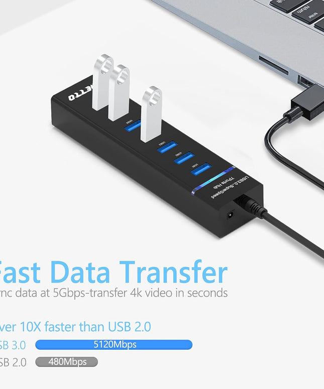 7-Port USB 3.0 Hub, IVETTO Data USB Hub