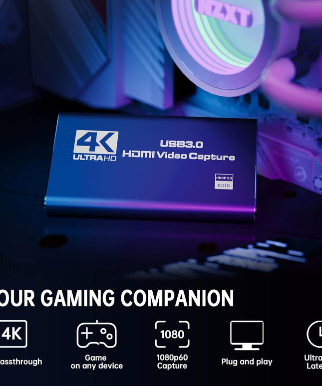 4K HDMI Capture Card for Streaming, Full HD 1080P 60FPS Capture USB 3.0 Audio Video Capture Card,for Switch/PS4/PS5/Xbox, Plug and Play, Works on Laptop, PC, Mac
