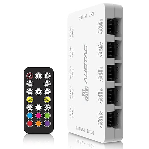 ARGB Controller & PWM Fan Hub with RF Remote – Supports 10 Fans, 5V ARGB & 12V PWM, Dual SATA, White