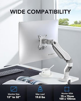HUANUO Single Monitor Mount – Gas Spring Arm with C-Clamp & Grommet Base, Fits 13–32" Monitors, 4.4–19.8 lbs