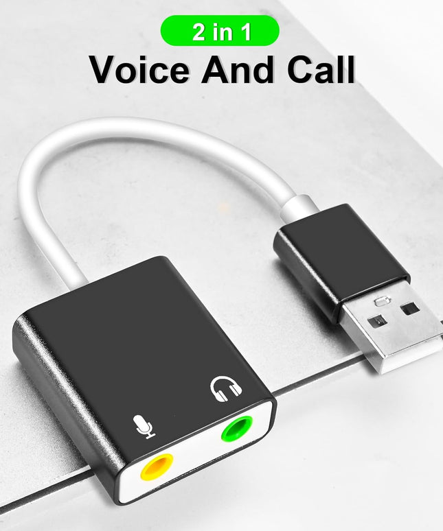 USB Audio Adapter, External Sound Card for PC and Laptop，USB Microphone Adapter to 3.5mm(1/8 inch) for Headphone, Speaker and Microphone Jack, Plug and Play