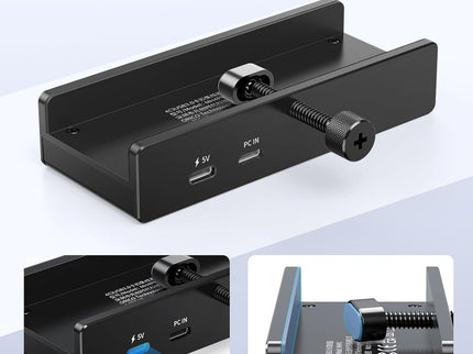 ORICO USB Hub 3.0, Clamp USB Hub with Extra Power Supply Port, Aluminum 4-Port USB Adapter with 3 USB-A Data Ports, USB-C Port for Monitors, Desks (Black)