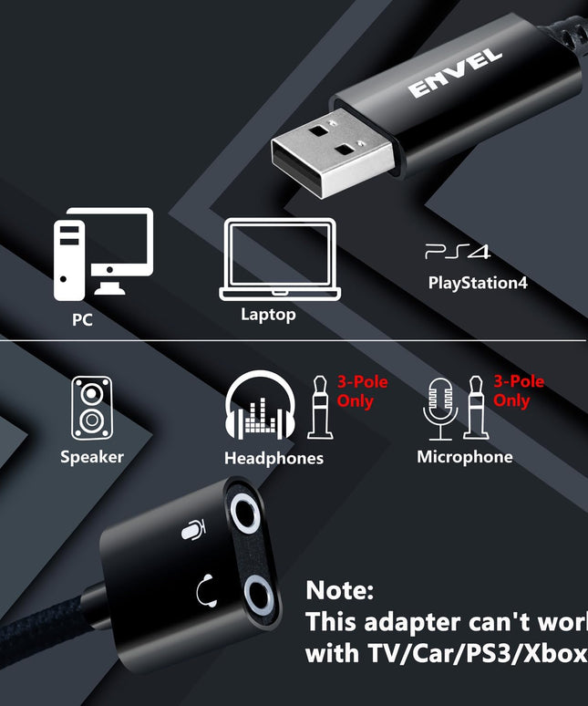 ENVEL USB to 3.5mm Audio Adapter,External Stereo Sound Card with Dual TRS 3-Pole 3.5mm Headphone and Microphone Jack for PS4/PS5/PC/Laptop, Built-in Chip Mic-Supported Headphone Adapter (Black Pro)