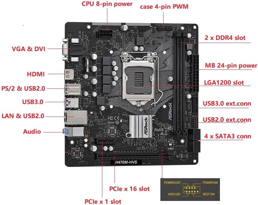 ASRock H470M-HVS Micro-ATX Motherboard: Intel 10th Gen LGA1200, DDR4 2933MHz, HDMI/D-Sub, 4X SATA3, 4X USB 3.2 Gen1, Realtek ALC897