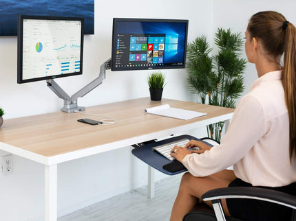 Mount-It! Dual Monitor Arm Desk Stand – Articulating Mechanical Spring, Height Adjustable, Fits 24–32" VESA 75/100 Screens, C-Clamp & Grommet, 2 x USB 3.0 Ports