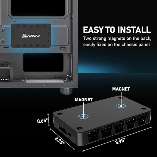 ARGB/PWM Fan Hub with RF Remote – 10 Fans, Dual SATA, Magnetic (Black)