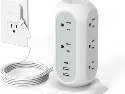 Tower Power Strip Flat Plug with 11 Outlets 3 USB (1 USB C)