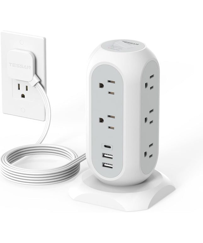 Tower Power Strip Flat Plug with 11 Outlets 3 USB (1 USB C)
