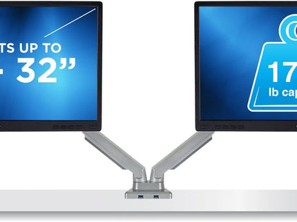 Mount-It! Dual Monitor Arm Desk Stand – Articulating Mechanical Spring, Height Adjustable, Fits 24–32" VESA 75/100 Screens, C-Clamp & Grommet, 2 x USB 3.0 Ports