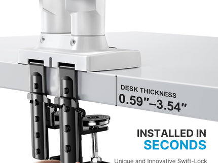 HUANUO Dual Monitor Stand – Adjustable Desk Mount with C-Clamp & Grommet Base, Fits 13–32" Screens, 4.4–19.8 lbs per Arm – White