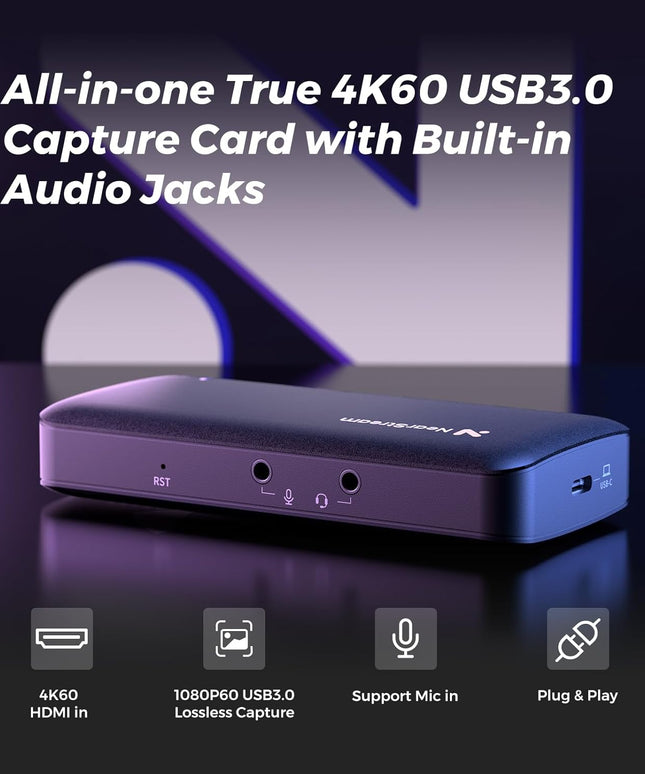 4K HDMI Capture Card, USB 3.0 Video Capture Card for Streaming, Recording in 1080P 60FPS with Ultra-Low Latency, Compatible with PS4/PS5/Switch in OBS, YouTube, Works with PC/Mac (CCD10)