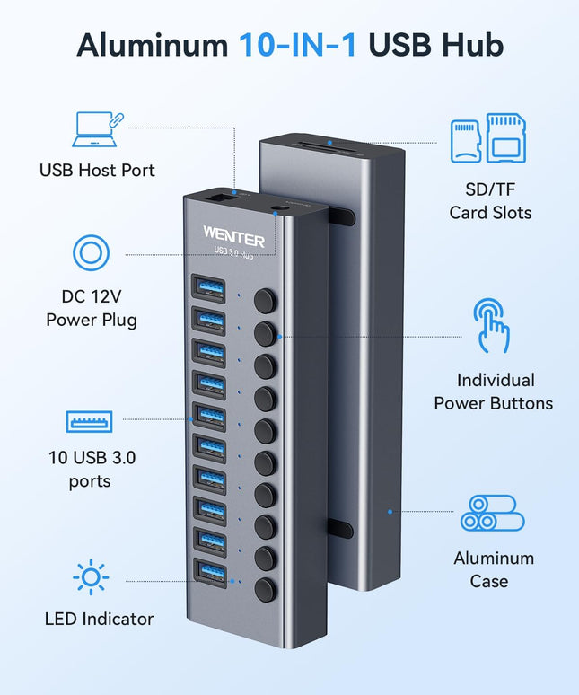 Powered USB 3.0 Hub, Wenter 10 Ports 36W Powered USB Hub