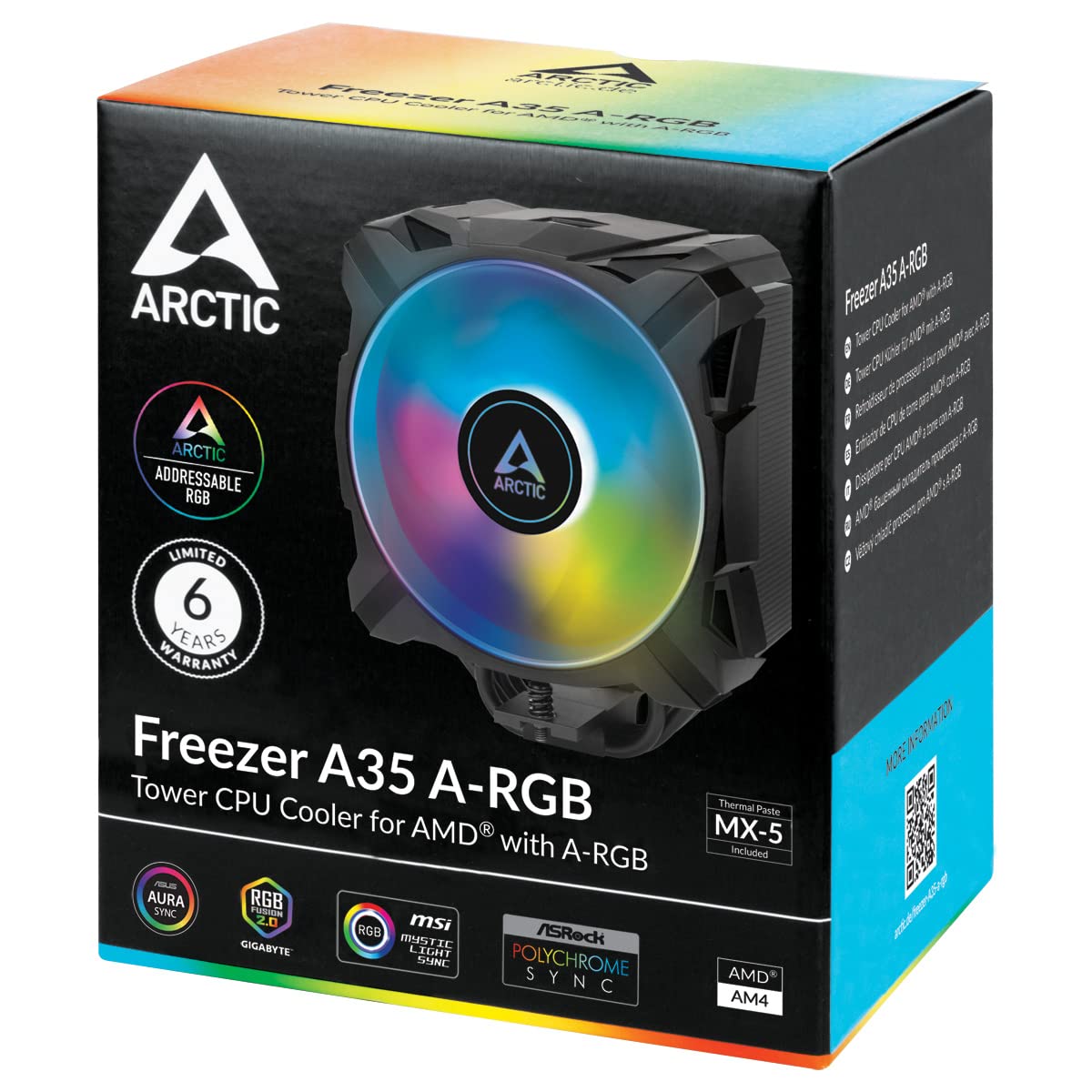 ARCTIC Freezer A35 A-RGB CPU Cooler – Single Tower, 120mm P-Fan, 4 Heat Pipes, AMD AM4, 200–1700 RPM, MX-5 Thermal Paste – Black
