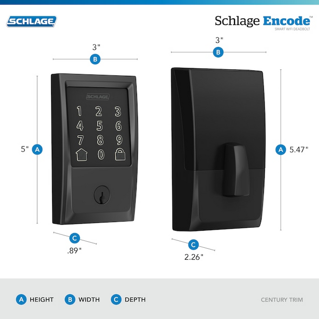 Schlage Encode Century Matte Black Electronic Deadbolt and Plymouth Door Knob Bundle