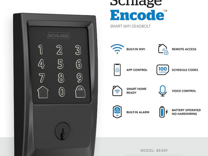 Schlage Encode Century Matte Black Electronic Deadbolt and Latitude Keyed Entry Lever Bundle