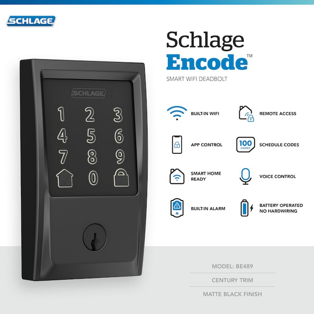 Schlage Encode Century Matte Black Electronic Deadbolt and Latitude Keyed Entry Lever Bundle