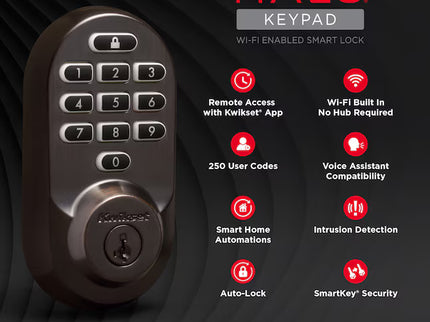 Kwikset Halo Keypad Venetian Bronze Smart Wi-Fi and Keypad Electronic Deadbolt Lock ft. SmartKey Security