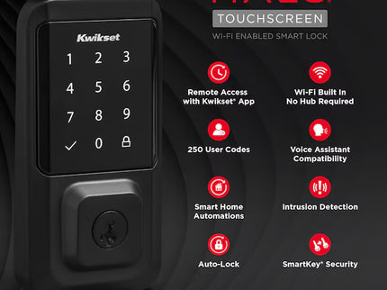 Kwikset Halo Keyless Entry Matte Black Smart Wi-Fi and Touchscreen Keypad Electronic Deadbolt Lock ft. SmartKey Security