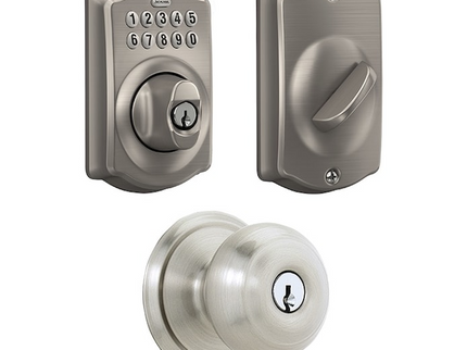 Schlage Camelot Satin Nickel Electronic Deadbolt and Georgian Keyed Entry Knob Bundle