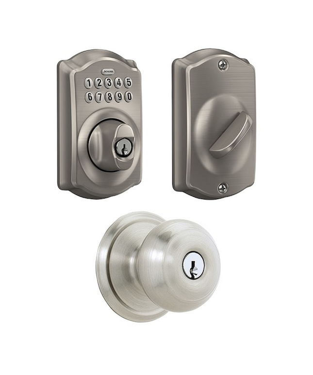 Schlage Camelot Satin Nickel Electronic Deadbolt and Georgian Keyed Entry Knob Bundle