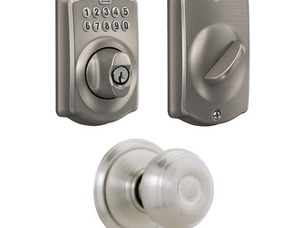 Schlage Camelot Satin Nickel Electronic Deadbolt and Georgian Knob Bundle