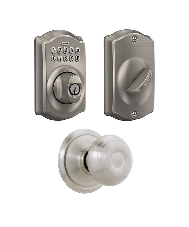 Schlage Camelot Satin Nickel Electronic Deadbolt and Georgian Knob Bundle