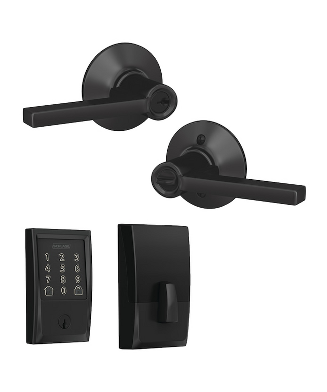 Schlage Encode Century Matte Black Electronic Deadbolt and Latitude Keyed Entry Lever Bundle