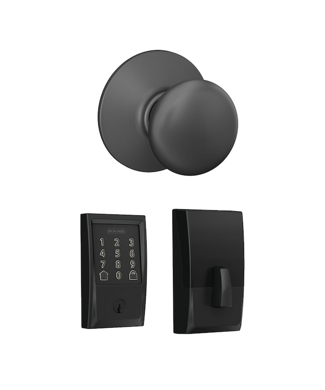 Schlage Encode Century Matte Black Electronic Deadbolt and Plymouth Door Knob Bundle