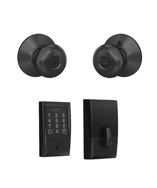 Schlage Encode Century Matte Black Electronic Deadbolt and Plymouth Keyed Entry Door Knob Bundle