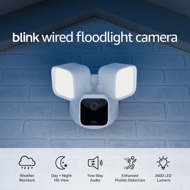 Blink Wired Floodlight Camera - Smart Security Camera - 2600 Lumens, HD Live View - Enhanced Motion Detection - Built-in siren - Works with Alexa - White