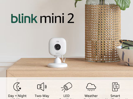 Blink New Mini 2 - Plug-in Smart Security Camera with HD Night View in Color, Built-in Spotlight, Two-way Audio and Motion Detection, Works with Alexa - White