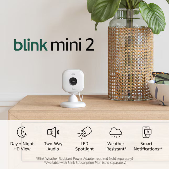Blink Mini 2 - Plug-in Smart Security Camera with HD Night View in Color, Built-in Spotlight, Two-way Audio and Motion Detection, Works with Alexa - 2-Pack - White